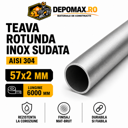 Teava rotunda inox sudata AISI 304, 57 x 2 mm, 6 metri